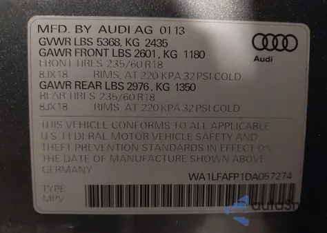 2013 Audi Q5 2.0T Premium z USA, uszkodzony, nr VIN WA1LFAFP1DA057274